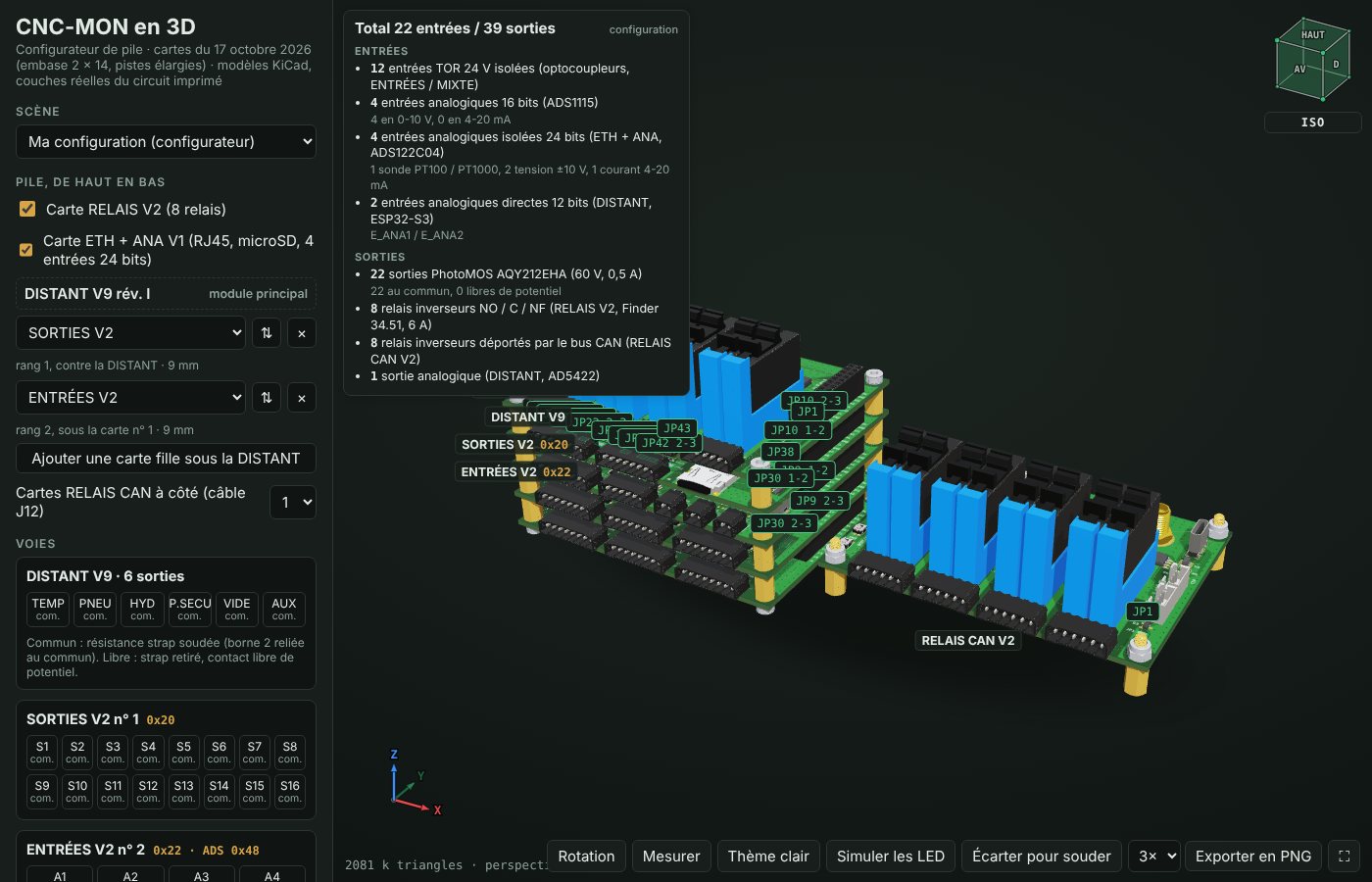 Configurateur 3D : pile de cartes CNC-MON assemblée, tableau des entrées et sorties disponibles